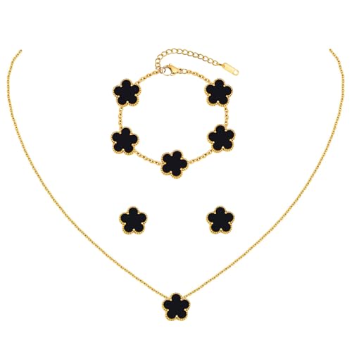 Clover Jewelry Set for Women, 18K Gold Plated Necklace Bracelet & Stud Earrings Set, Stainless Steel Non Tarnish Gold Jewelry Set, Lucky Necklace and Earring Set Gift for Her - color: Black