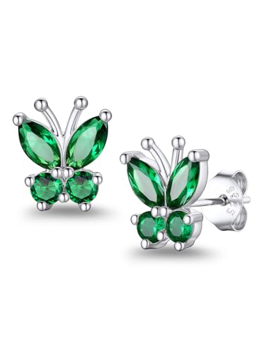 Suplight Butterfly Stud Earrings 925 Sterling Silver 14K Gold Brithstone Earrings for Women Brithstone Jewelry Gifts - color: 05.May( Emerald), size: Silver