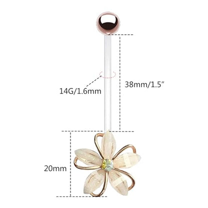VERAMI 14G 38mm Pregnancy Belly Button Rings Flexible Bioplast Long Bar Flower Belly Rings for Maternity Clear Navel Piercing Retainer - color: Rose Gold-pink flower