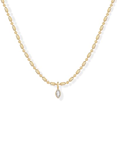 PAVOI 14K Gold Plated Dainty Bezel Set Solitaire Pendant Necklace for Women | Beaded Chain Necklace, Statement Necklace with Round, Princess, Marquise Cubic Zirconia Pendant - color: Yellow Gold, style: Marquise