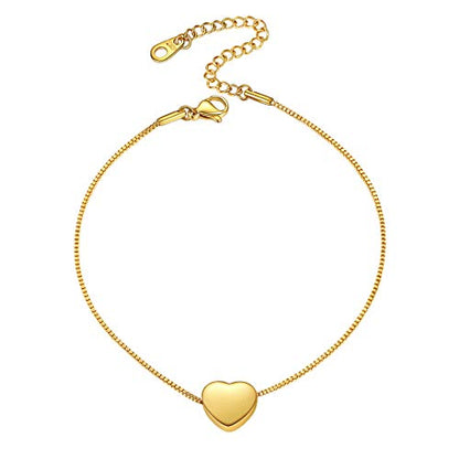 ChainsHouse Ankle Bracelets for Women, Stainless Steel Beaded Chain Ankle Bracelet, Womens Heart Anklets for Summer Beach Jewelry Gifts - color: P:heart-gold
