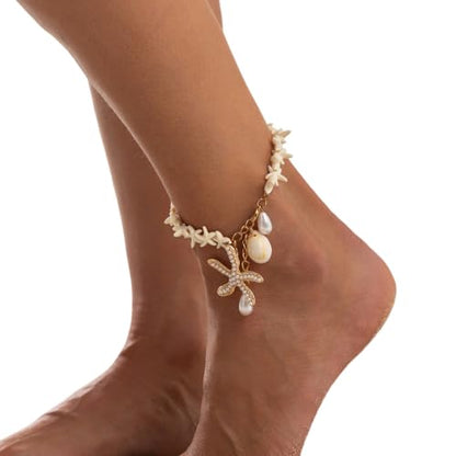 Gold Starfish Shell Pearl Charm Ankle Bracelet Summer Beach Foot Jewelry - color: White