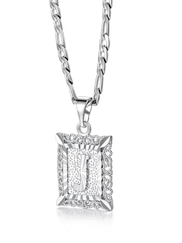 U7 Initial Letter Necklace for Men Women, 14K Gold/Silver Plated Square Capital Monogram Pendant Necklace from A-Z with 22+2 Inch Figaro Chain, Personalized Jewelry for Him - color: Silver, style: J