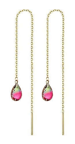 WANGGAO Stainless Steel Water Drop Long Chain Earrings for Women Linear Crystal Threader Earrings Jewelry - color: Green Pink