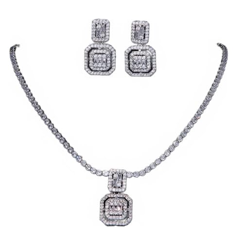 Cubic Zirconia Double Halo Pendant Necklace and Drop Earrings Jewelry Set, Silver-Tone, Baguette Cut