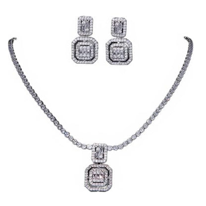 Cubic Zirconia Double Halo Pendant Necklace and Drop Earrings Jewelry Set, Silver-Tone, Baguette Cut