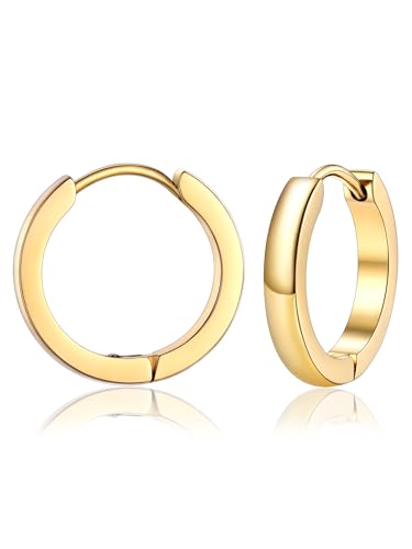 PROSTEEL Huggie Hoop Earrings for Women Men Stainless Steel Lightweight | Small Hypoallergenic Hoop Earrings, 8-16mm Silver/Gold Huggie Earrings for Women Comfort for Daily Wear and Cartilage Styling - color: B.14K Gold, size: 14mm