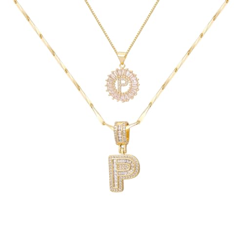 2PCS Initial Necklaces for Women, 14K Gold Plated Letter Pendant Set | Trendy Layered Bling Style, Meaningful Letter & Round CZ Pendant Design - color: Gold, style: Letter P