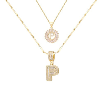 2PCS Initial Necklaces for Women, 14K Gold Plated Letter Pendant Set | Trendy Layered Bling Style, Meaningful Letter & Round CZ Pendant Design - color: Gold, style: Letter P