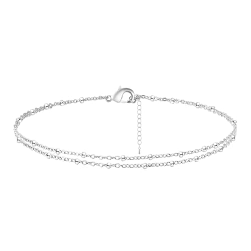 Dainty Simple Chain Anklet for Women 18k Gold/Silver Plated Summer Beach Beaded Evil Eye Moon Figaro Butterfly Satellite Cuban Pearl Flat Marina Anklet Gift - color: square dot-SL