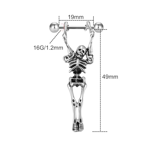 VERAMI 14G 16G Bat Devil Heart Nipple Rings Stainless Steel Heart Nipple Barbell Rings Tongue Rings Body Piercing for Women Men - color: SKULL