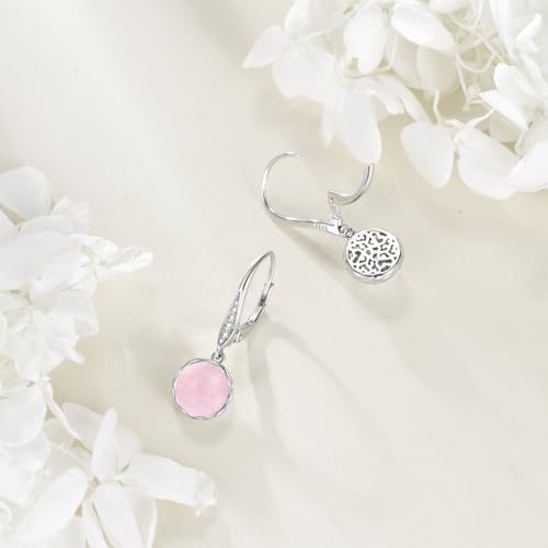 925 Sterling Silver 8mm Pearl Dangle Drop Earrings Moonstone Larimar Opal Rose Quartz Black Pearl Leverback Earrings for Women Christmas Gifts for Her - style: Rose Quartz Earrings