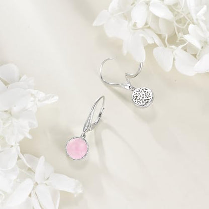 925 Sterling Silver 8mm Pearl Dangle Drop Earrings Moonstone Larimar Opal Rose Quartz Black Pearl Leverback Earrings for Women Christmas Gifts for Her - style: Rose Quartz Earrings
