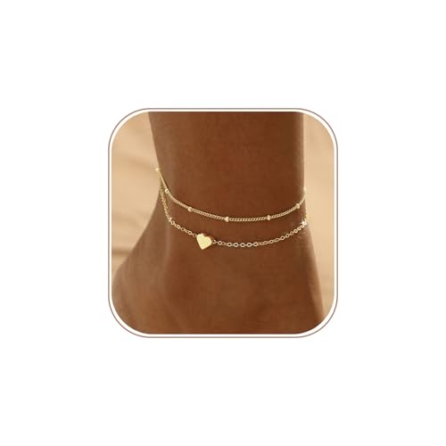Gold/Silver Ankle Bracelets for Women Waterproof Dainty 14K Gold Plated Pearl Heart Love Anklet Bracelet Satellite Cuban Link Beads Summer Beach Jewelry Gifts - style: Heart pendant + satellite-gold-126