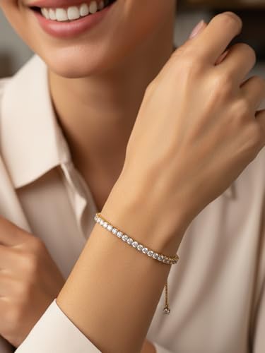 CYW 2mm/3mm All Moissanite Tennis Bracelet for Women, Solid 925 Sterling Silver, 5.5-7.5inch (14-19cm), with 2cm Adjustable Chain Extender, Birthday Anniversary Valentines Mothers Day Ideal Gift - color: 3mm - Yellow Gold, size: 6.3 Inches