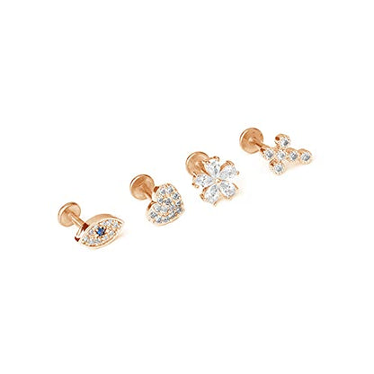 Cross Evil Eye Flower Love Heart CZ 16g Labret Cartilage Tragus Monroe Lip Nose Helix Studs Earrings Stainless Steel Cubic Zirconia Small Tiny Little Piercings Jewelry Gifts for Women Her Birthday Bff - style: rose gold