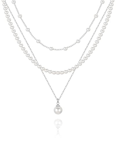 MJartoria Pearl Necklaces for Women, Dainty Layered Pearl Necklace Choker Trendy Jewelry Gifts for Wedding Birthdays Daily Wear - color: Silver