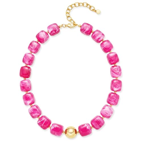 Chunky Colorful Beaded Choker Necklace for Women, Summer Beach Statement Resin Beads Necklace, Trendy Womens Summer Beach Jewelry Birthday Gifts for Vacation Holiday - color: Square Hot Pink Bead
