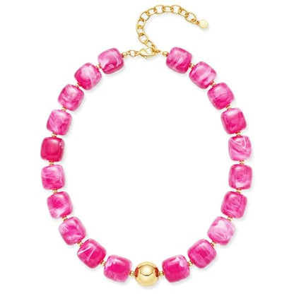 Chunky Colorful Beaded Choker Necklace for Women, Summer Beach Statement Resin Beads Necklace, Trendy Womens Summer Beach Jewelry Birthday Gifts for Vacation Holiday - color: Square Hot Pink Bead