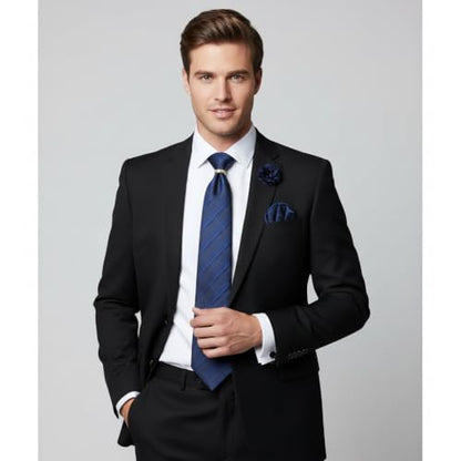5PCS Mens Silk Tie, Pocket Square, Cufflinks, Drilled Tie Ring and Lapel Pin Set for Wedding Groom Party - color: Blue Plaid Tie Set -228+18