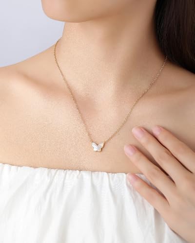 18K Gold Plated, Pt Plated Chain Necklace with Knot, Butterfly, Heart Pendant for Women, Delicate Minimalist Jewelry, 18-20 Inches - color: White Butterfly