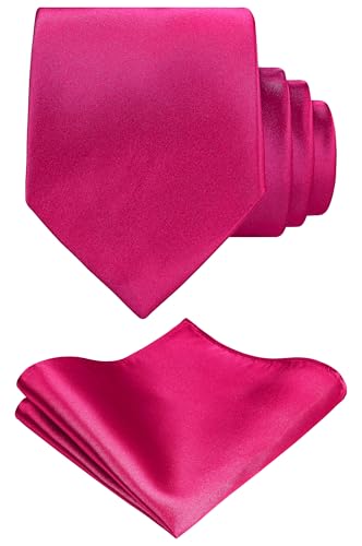 TIE G Solid Satin Woven dyed Color Formal Black Necktie and Pocket Square Sets in Gift Box - color: Fuchsia Pink