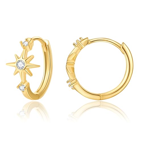 DAILY VIBES Dainty Small Star Huggie Hoop Earrings for Women Trendy | 925 Sterling Silver Post, 14K Gold or Silver Plated, Mini Cubic Zirconia, Cartilage Hoop Earrings - color: Gold Small Star