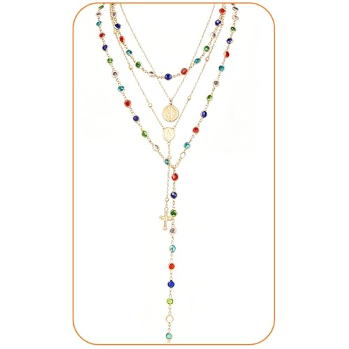Layered Cross Necklace Set for Women, Layered Choker Necklaces Trendy Jewelry, Colorful Enamel Beaded Y-Shaped Lariat Necklace, Boho Multilayer Cross Necklace for Party and Daily Wear - color: Gold-14