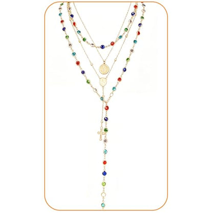 Layered Cross Necklace Set for Women, Layered Choker Necklaces Trendy Jewelry, Colorful Enamel Beaded Y-Shaped Lariat Necklace, Boho Multilayer Cross Necklace for Party and Daily Wear - color: Gold-14