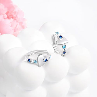 Heart Hoop Earrings with Blue Cubic Zirconia Sterling Silver Love Heart Huggie Earrings Cartilage Tiny Large Huggie Hoops Hypoallergenic for Sensitive Ear for Women Daughter Birthday Anniversary
