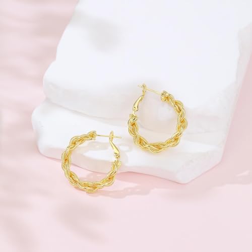 14K Gold Braided Texture Hoop Earring, 32/40mm Twist Rope Design Round Hoop Earrings for Women Gold Jewelry Gifts for women - style: Twisted Braided Earrings-32mm