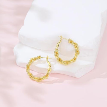 14K Gold Braided Texture Hoop Earring, 32/40mm Twist Rope Design Round Hoop Earrings for Women Gold Jewelry Gifts for women - style: Twisted Braided Earrings-32mm