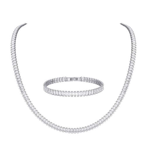HZMAN Crystal Necklace Bracelet Jewelry Set for Women Dainty Rhinestone Choker Necklace Tennis Bracelet Cubic Zirconia Bridal Wedding Jewelry - color: Silver