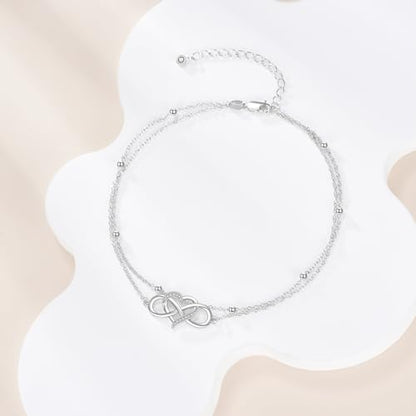 POPLYKE Frog/Pearl/Dragonfly/Ladybug/Highland Cow/Pearl/Moonstone Anklets Sterling Silver Double Layered Chain Beach Anklets for Women Foot Jewelry - style: heart infinity