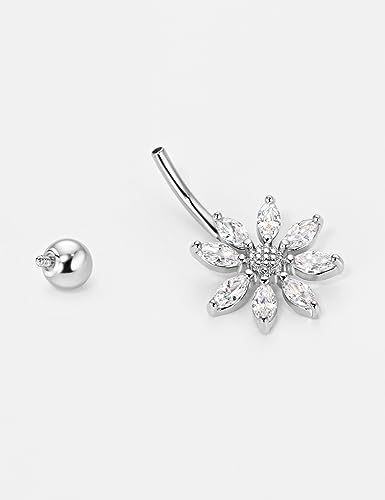 Belly Button Ring Dangle, Cross Belly Button Ring, Navel Piercing | 316L Surgical Steel, AAA+ Cubic Zirconia, Nickel-Free, Hypoallergenic, Multi-Style, 14 Gauge 10 mm Screw On Piercing Stud - style: Big Sunflower