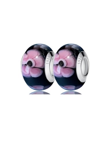 2pcs Authentic 925 Silver Murano Glass Flower Charms for Pandora Bracelets - color: 07-Black and Red