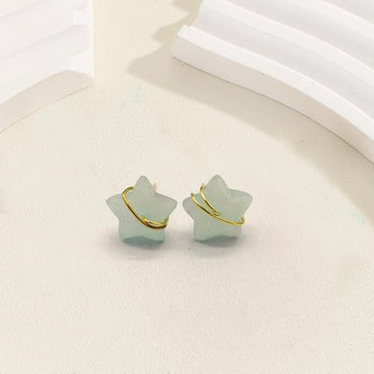 Raw Gemstone Star Stud Earrings for Women Handmade Star Chakra Healing Crystal Earrings Amethyst Raw Rose Quartz Gemstone Prong Stud Earrings Birthstone Jewelry Gift Ideas - color: Aquamarine