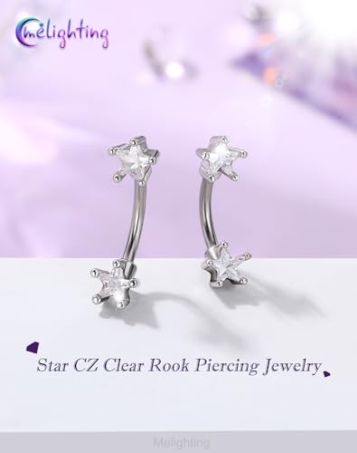 Melighting 16G Gold Star Rook Piercing Bar, 6/8 mm Rook Earring with Clear CZ, 316L Stainless Steel Stylish Eyebrow Lobe Piercing Jewellery for Daily Wear Women - color: Steel, size: 16G6mm
