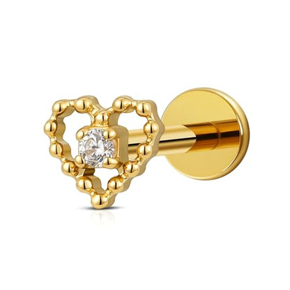 Hollow Heart Piercing Jewelry Collection - ASTM F136 Titanium Internally Threaded Flat Back Stud for Cartilage, Helix, Conch - color: Beaded heart - Gold