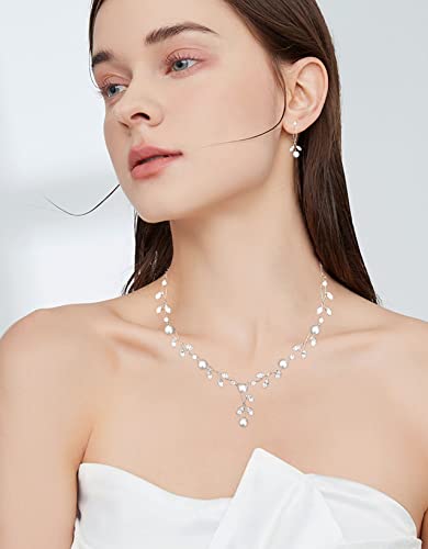 Luxury Cubic Zirconia Aurtrian Crystal Pearl Floral Necklace Dangle Earrings Wedding Bridal Jewelry Set Birthday Gifts for Her - color: Style2-Clear-Silver Plated