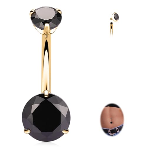 FUNLMO 14G Belly Button Ring Titanium Belly Button Piercing Belly Ring Internally Threaded Navel Piercing Jewelry - color: Gold-Black CZ