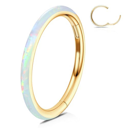 WBRWP 316L Stainless Steel Nose Hoop Rings Clicker with Zircon/Opal 14g-20g | Hypoallergenic Nose Rings Segment Clicker Lip Rings Cartilage Rook Conch Earrings Diameter 5mm-10mm - color: Gold ring with white opal -1pc pack