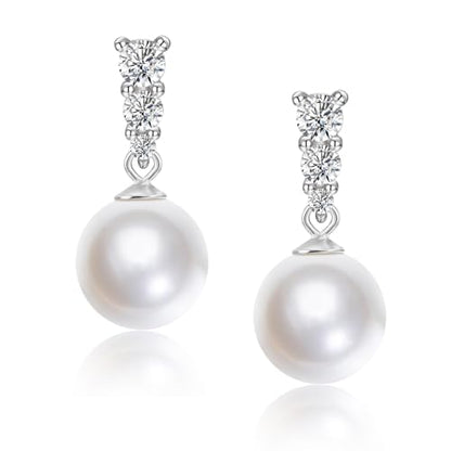 Mameloly Pearl Drop Earrings 925 Sterling Silver CZ 10MM Simulated Pearl Earrings for Women Dangle Trendy Jewelry for Women Hypoallergenic - color: Brass Silver CZ