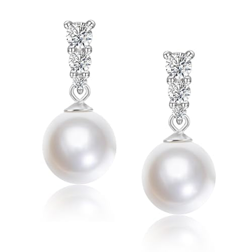 Mameloly Pearl Drop Earrings 925 Sterling Silver CZ 10MM Simulated Pearl Earrings for Women Dangle Trendy Jewelry for Women Hypoallergenic - color: Brass Silver CZ