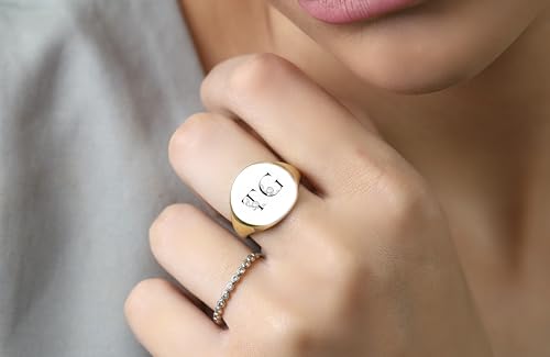 Gold Couples Initials Signet Ring - Flowered Letters Engraved Bold Statement Anniversary Ring