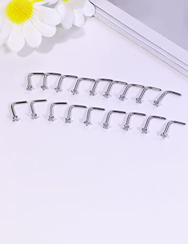 18G 20G 22G Nose Rings Studs with Cubic Zirconia 316L Surgical Steel Straight Screw L Shaped Nose Studs Piercing Jewelry for Women Men Girl CZ 1.5mm 2mm 2.5mm 3mm 20Pcs - color: C:20G L Shaped- Silver 1.5mm