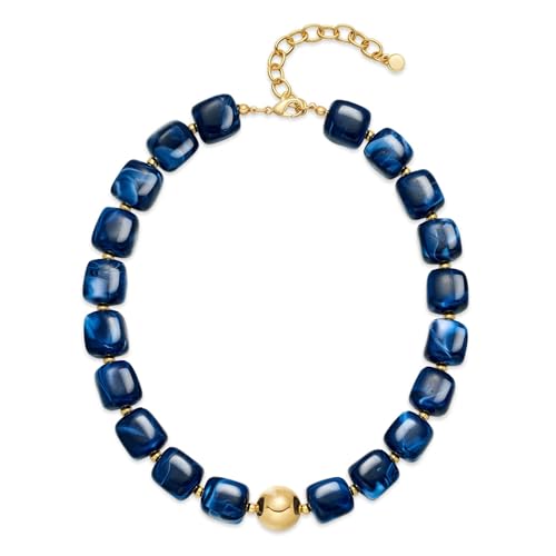 Colorful Statement Chunky Beaded Necklace for Women Trendy Y2K Boho Choker | Large Square Resin Beads Bold Summer Vacation Jewelry - color: Blue