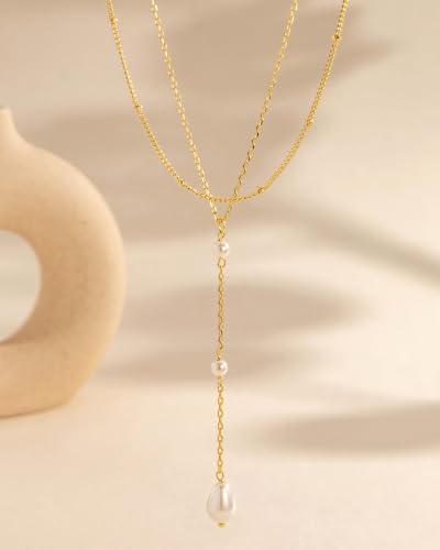 Gold Necklace Stack, Layered Gold Necklaces for Women Jewelry Set | 14K Gold Plated, Separate Chains, Pendant, Dainty, Non Tarnish, Delicate, Chain, Multi, Gift - color: 2 Layer-Pearl Lariat Gold
