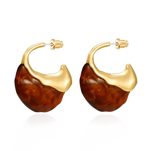 Brown white Hoop Earrings for Women Gold-Plated Irregular Huggie Statement Earrings - color: AMZ-EH23402B-HY