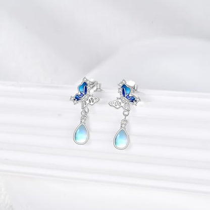 POPLYKE Dragonfly Butterfly Hummingbird Sunflower Earrings 925 Sterling Silver Abalone Shell Moonstone Leverback Earrings Jewelry - style: Moonstone Butterfly